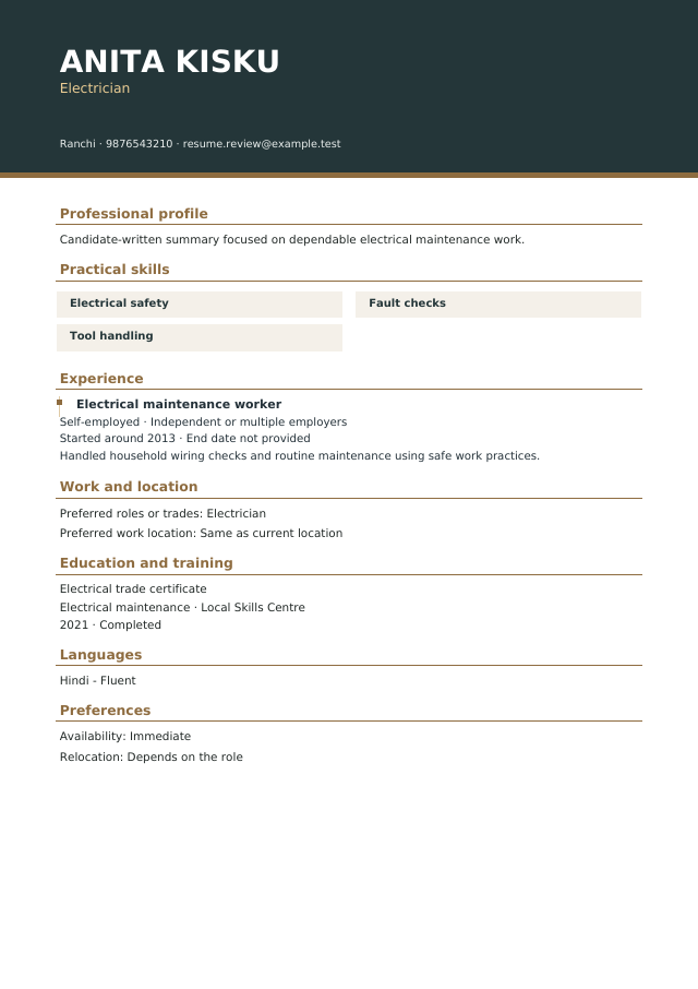 Fictional Skilled Professional resume example