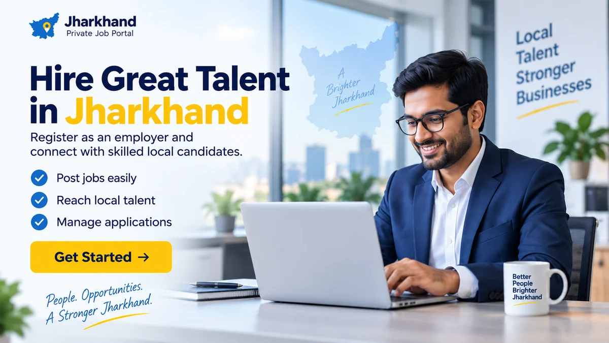 Illustration of an employer using a laptop beside information about posting jobs in Jharkhand.